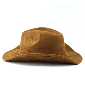 Detail of dark brown faux suede western cowboy hat with wide brim and metal rivet accents
