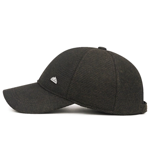 Mens winter baseball cap with ear flaps made of thick brown tweed for cold weather