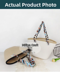 Detail of woven tote bags with colorful silk scarf handles and decorative wooden beads