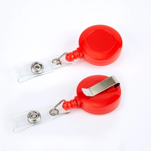 Pair of red retractable badge reels with vinyl straps and metal belt clips on white background