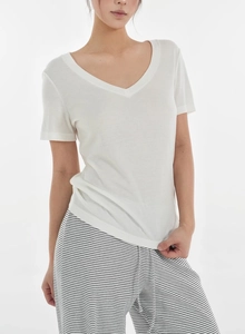 Detail showing the sheer texture of tencel wool fabric on white V-neck short sleeve tee