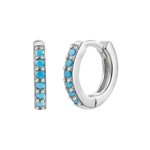 Close-up of S925 sterling silver hoop earrings set with small round turquoise stones