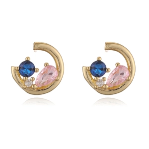 Exquisite 18K vergoldete Halbmond-Ohrstecker mit blauen und rosa Zirkonia-Steinen