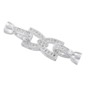 Macro detail of silver tone jewelry connector clasp with micro-paved cubic zirconia stones