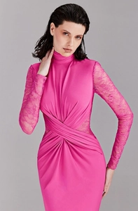 Detail of elegant lace sleeves and waist knot design on a hot pink evening dress