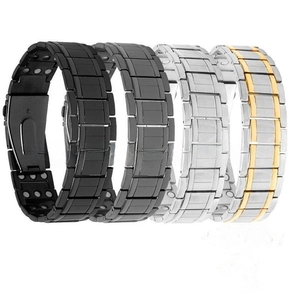Detail view of four magnetic therapy stainless steel bracelets in black, gray, silver, and gold