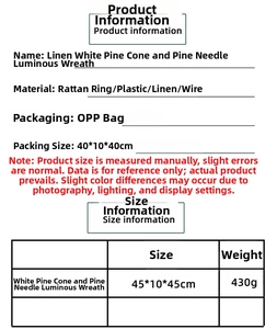 Detail of frosted pine cones and pine needles with warm lights on a rustic linen wreath