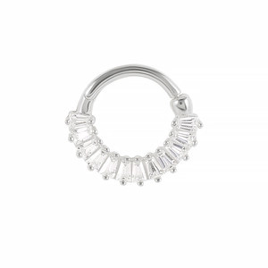 Detail of S925 sterling silver septum clicker featuring baguette-cut zircon stones
