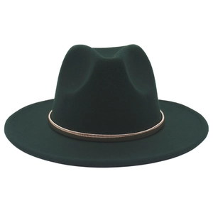 Detail of dark green cashmere fedora featuring a rose gold metal band accessory