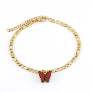 Butterfly Anklet 18K Gold Plated Stainless Steel Figaro Chain Red Pendant Minimalist Elegant Foot Jewelry For Women