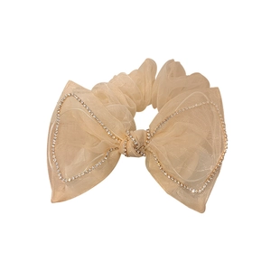 French style beige tulle bow scrunchie with sparkling rhinestones for elegant hairstyles