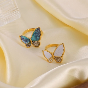 Butterfly Ring Stainless Steel 18K Gold Plated Enamel Zircon Adjustable Open Finger Jewelry For Women Vintage
