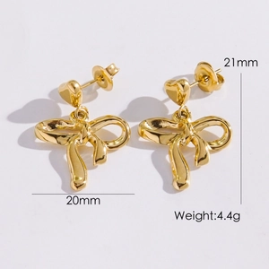 Gold stainless steel bow heart earrings with dimensions 20mm by 21mm on white background