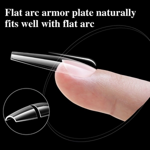 Flat arc transparent matte nail tips with natural fit design and 16 sizes in a storage box