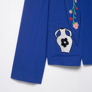 Women's royal blue hooded jacket featuring exquisite floral and vase embroidery
