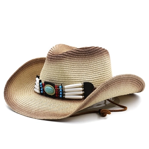 Handwoven western straw cowboy hat with gradient finish and ethnic beaded turquoise band