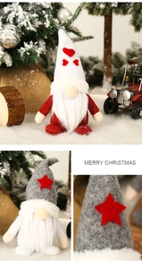 Detail of Christmas gnomes featuring felt hats with heart and star patterns and faux fur