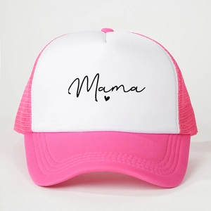 Close-up of Mama print and heart detail on pink and white mesh trucker baseball cap