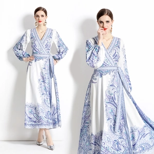 Robe Maxi Femme Élégante Col En V Imprimé Paisley Mousseline Manches Lanternes Longues Taille Nouée Style Bohème