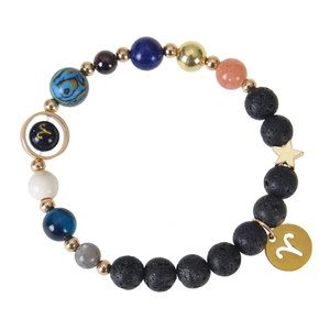 Solar system galaxy bead bracelet with black lava stone and Aries zodiac gold charms