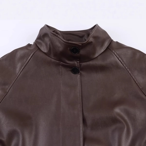 Classic dark brown faux leather jacket with stand collar and detailed black buttons