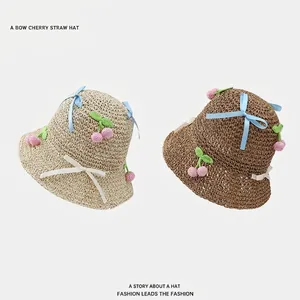 Paper Straw Sun Hat Bow Ribbon Crochet Cherry Decoration Foldable UV Protection Summer Beach Sweet Hat For Women Girls
