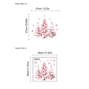Detail view of pink watercolor Christmas tree wall sticker with size specifications