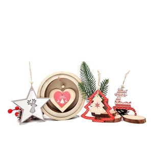 Close-up of wooden Easter ornaments featuring stars and hearts with festive engraved patterns