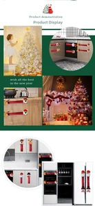 Detailed view of plush Santa and Reindeer Christmas refrigerator handle covers in a kitchen