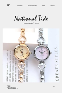 Detail of heart-shaped openwork metal watch bracelets with rhinestone accents