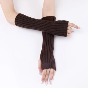 Detailed texture of dark brown ribbed knit arm warmer with fingerless design