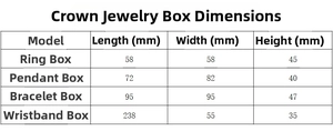 Size chart for PU leather crown jewelry boxes including ring, pendant, and bracelet cases