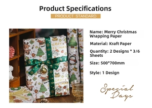 Detail of 500x700mm white kraft Christmas wrapping paper with Santa and reindeer prints