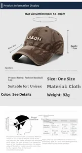 Detailed size chart for the washed cotton baseball cap with brim and depth measurements
