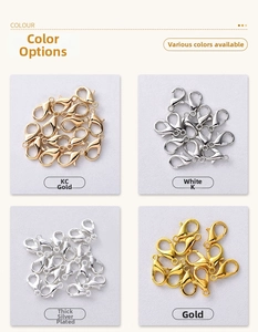 Detail of lobster claw clasps in KC gold, white K, silver plated, and bright gold finishes