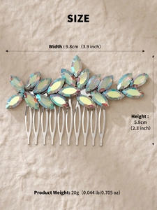 Detailed size view of bridal hair comb with iridescent crystals and silver base