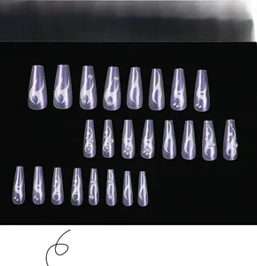 Detail of long coffin press-on nails with purple aurora finish, white flames and pearls