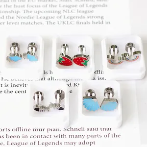 Set of five stainless steel enamel stud earrings featuring fruit and rainbow designs