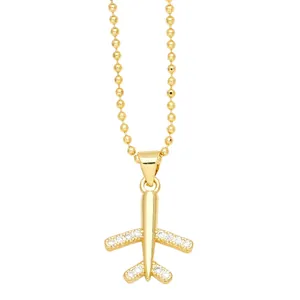 Golden airplane pendant necklace with beaded chain and micro-set zircon stones