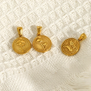 Vintage Birth Flower Pendant 18K Gold Plated 304 Stainless Steel Round Coin Relief Floral Design DIY Jewelry Accessories