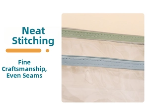 Close-up of neatly stitched edge seams on a clear PVC pencil case with leatherette trim