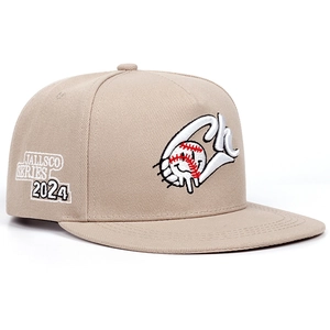 Close-up of khaki baseball cap featuring detailed CK embroidery and side series text
