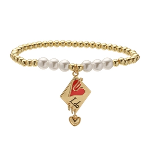 Bracelet perles dorées et perles nacrées avec pendentif cœur gravé I do élégant