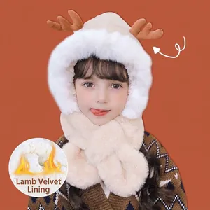 Kids Winter Hat And Scarf Reindeer Antlers Plush Fleece Lined Hooded Ear Flap Warm Soft For Boys Girls
