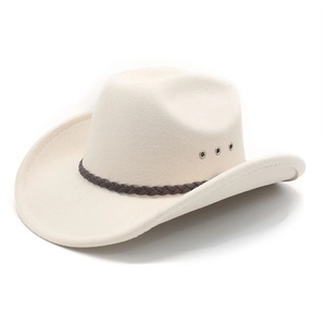Detail of cream western cowboy hat with brown braided band and metal eyelets
