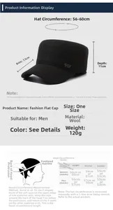 Size chart for men's winter wool flat cap showing head measurements and hat dimensions
