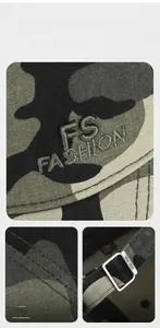 Detailed embroidery of FS FASHION logo and metal adjustable buckle on camo baseball cap