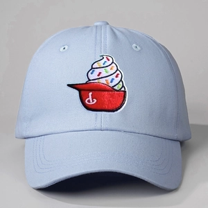 Light blue cotton baseball cap featuring colorful ice cream embroidery and adjustable strap