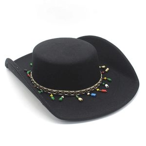 Classic black felt fedora hat with colorful ethnic bead band and bohemian tassels