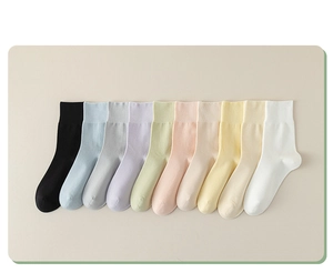 Detailed view of colorful women's mid-tube cotton socks in a neat row arrangement.